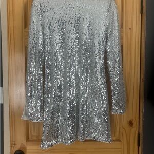Silver Sequin Long Sleeve Party dress